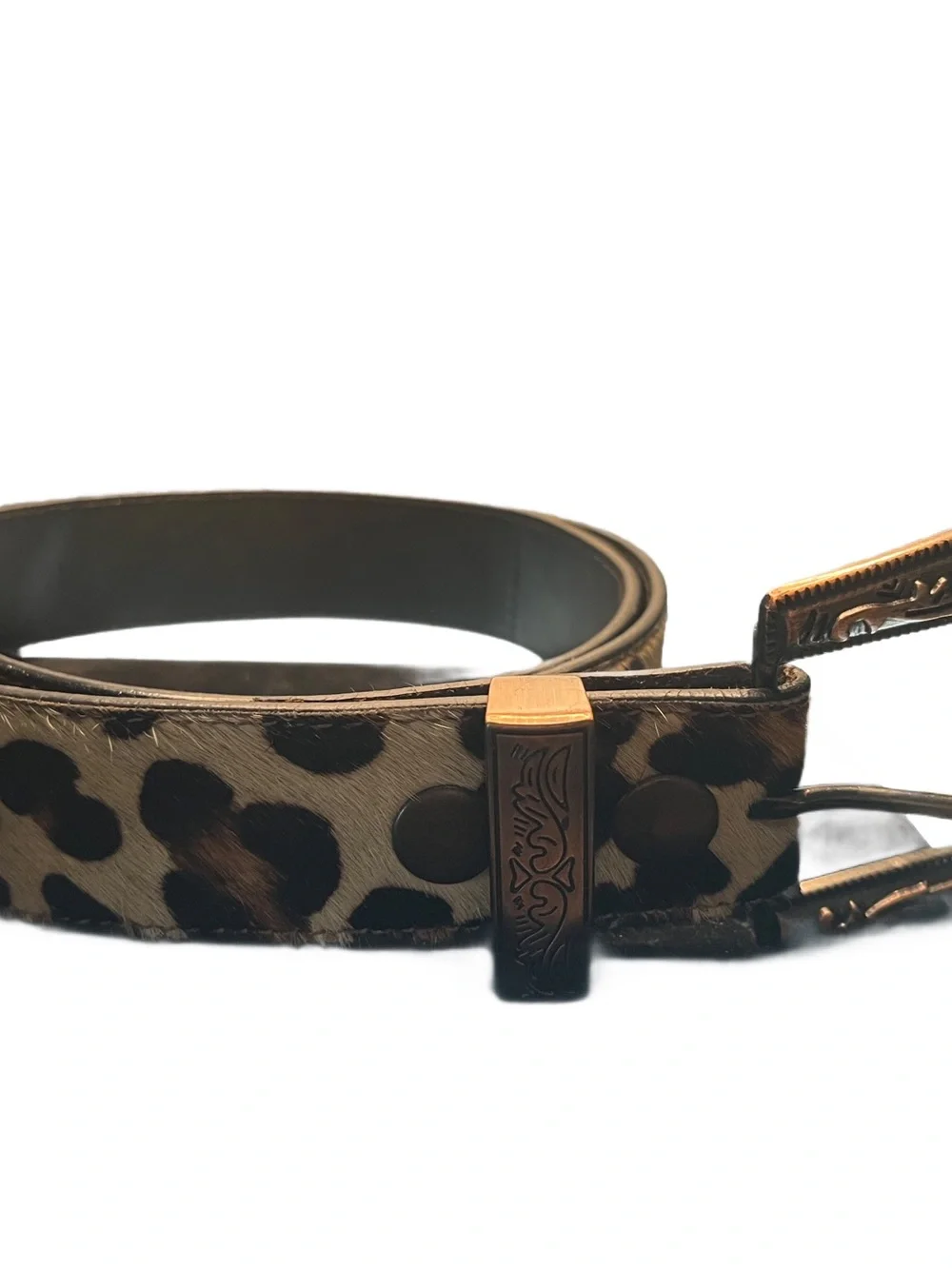American Bison Leopard  Print Hair Tooled Leather Chunky Metal Buckle Belt Sz 42